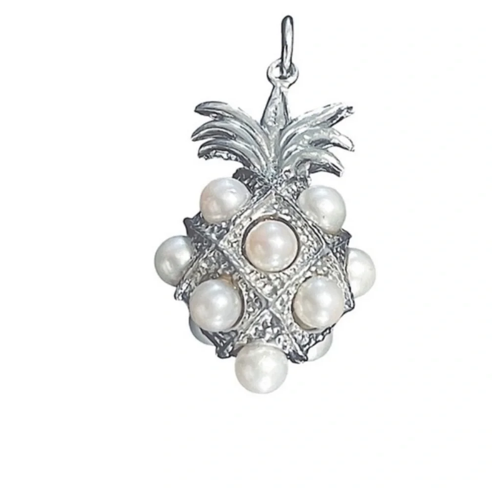 Vintage Pineapple Charm Faux Pearl Pendant Faux Pearl Silver
